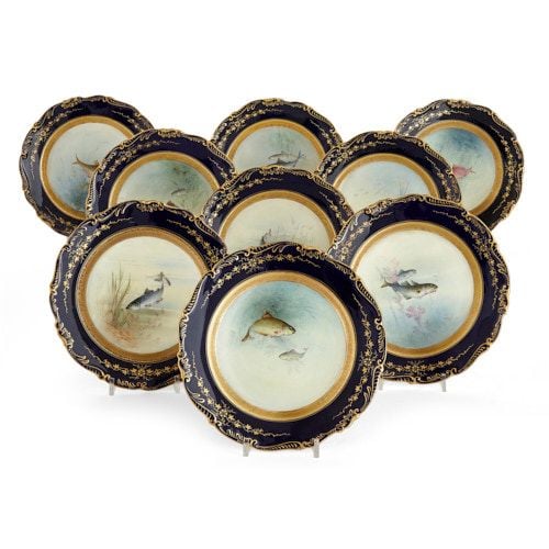 Set of nine ichthyological Coalport porcelain plates