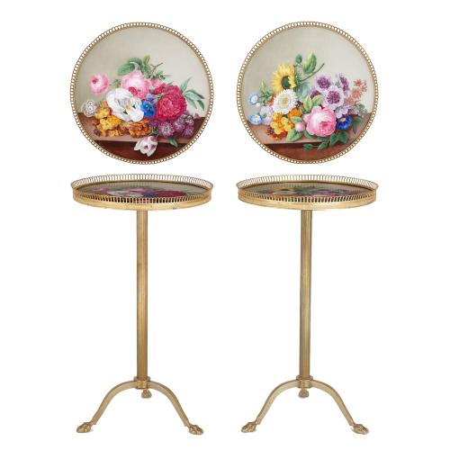 Pair of very fine gilt metal gueridons with Meissen porcelain tops