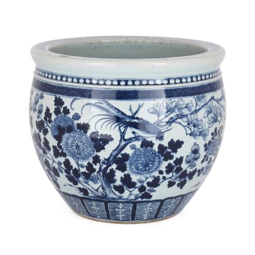 Chinese antique blue and white ceramic jardinière with floral designs
