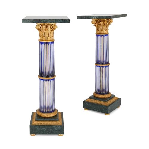 Pair of large French glass, ormolu and marble pedestals