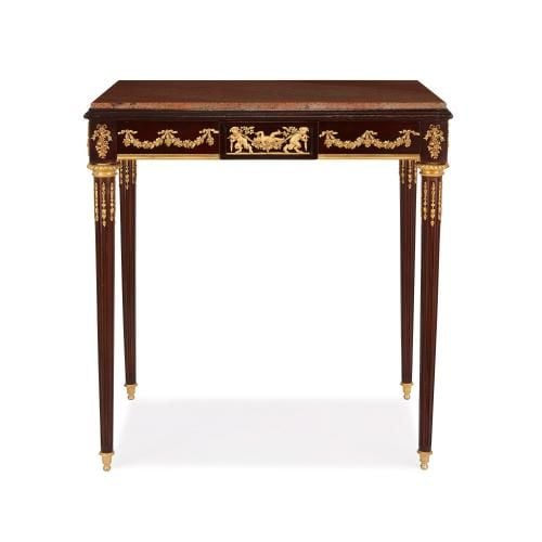 Neoclassical style antique mahogany side table with marble top