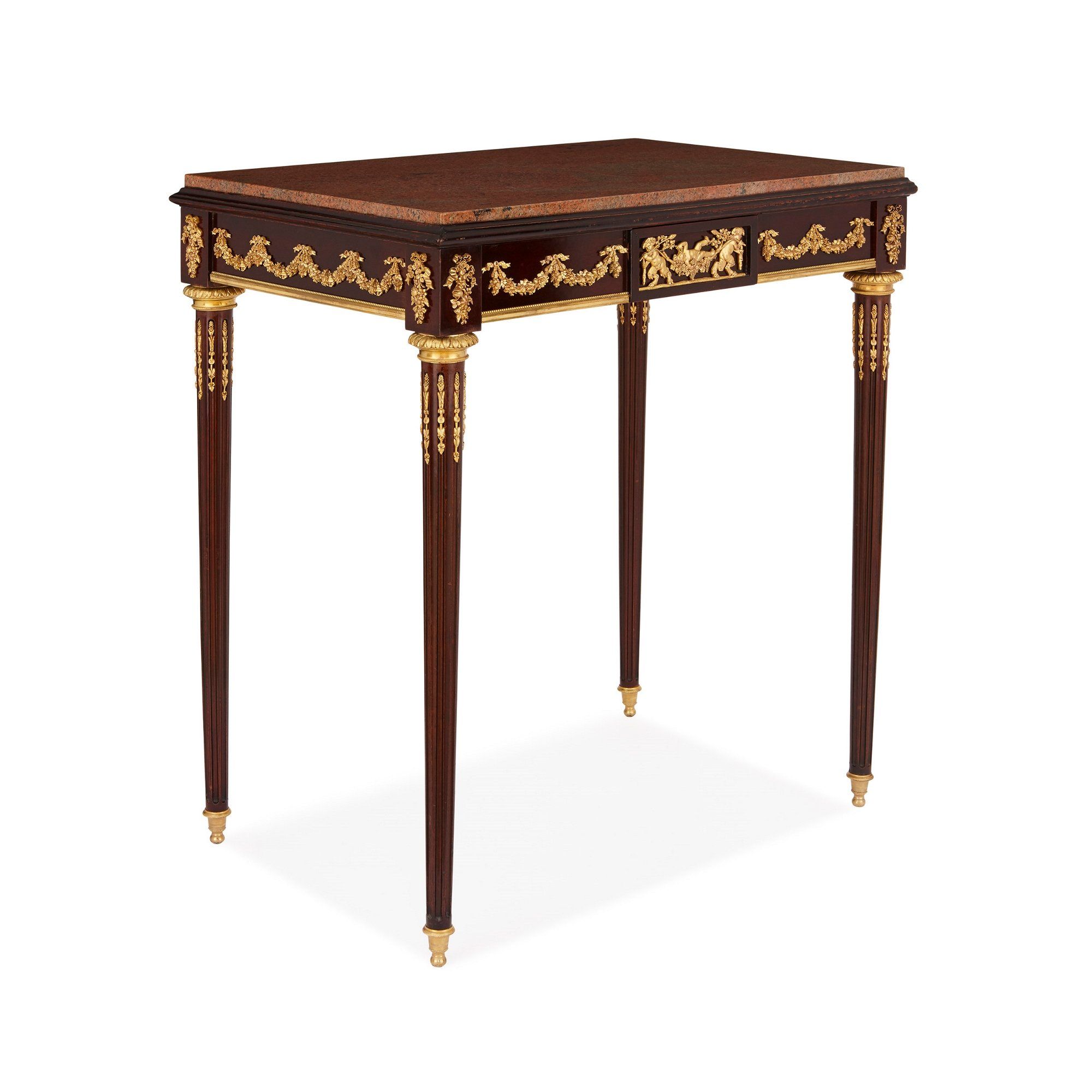 Neoclassical style antique mahogany side table with marble top