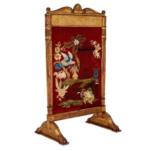 French carved giltwood and embroidered fire screen