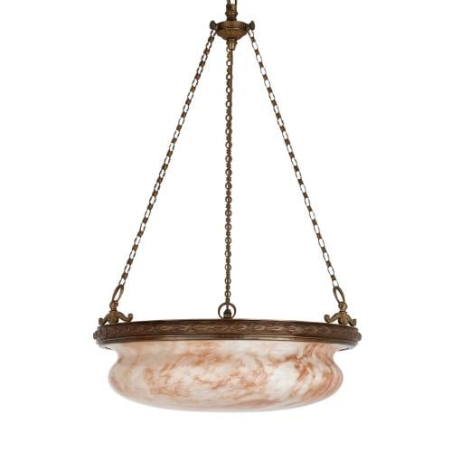 Antique French alabaster and bronze bowl chandelier