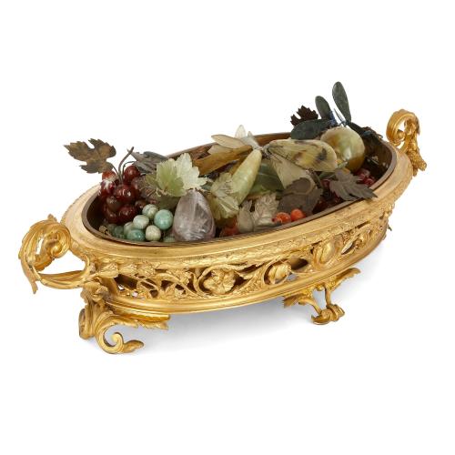 Antique ormolu jardinière with hardstone fruits 