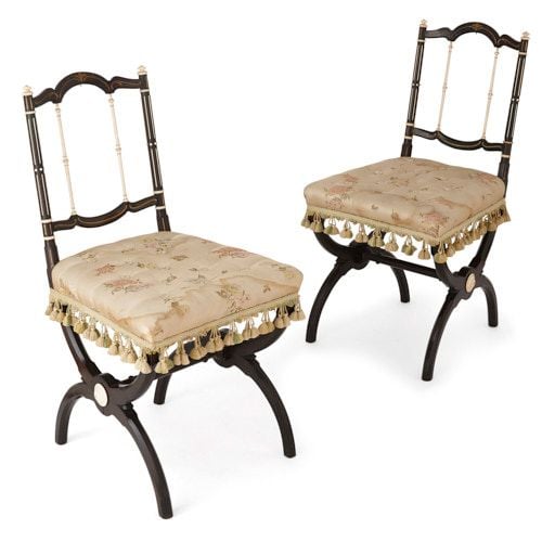 Pair of Victorian period ebonised wood and ivory chairs