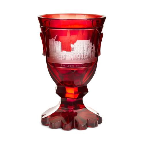 Bohemian engraved and cut Ruby glass goblet