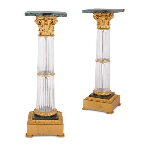 Pair of large French Neoclassical ormolu, glass and marble pedestals