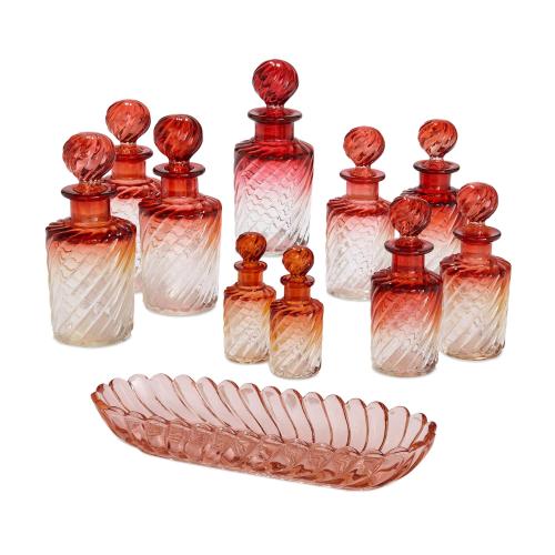 Crystal glass collection of bottles and tray, toilet set by Bayel