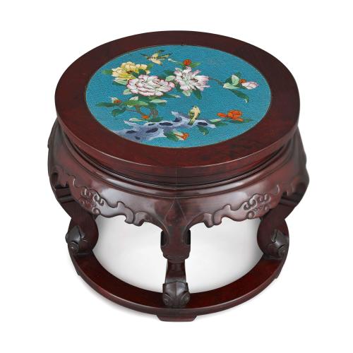 Chinese cloisonné enamel inset circular hardwood stand 