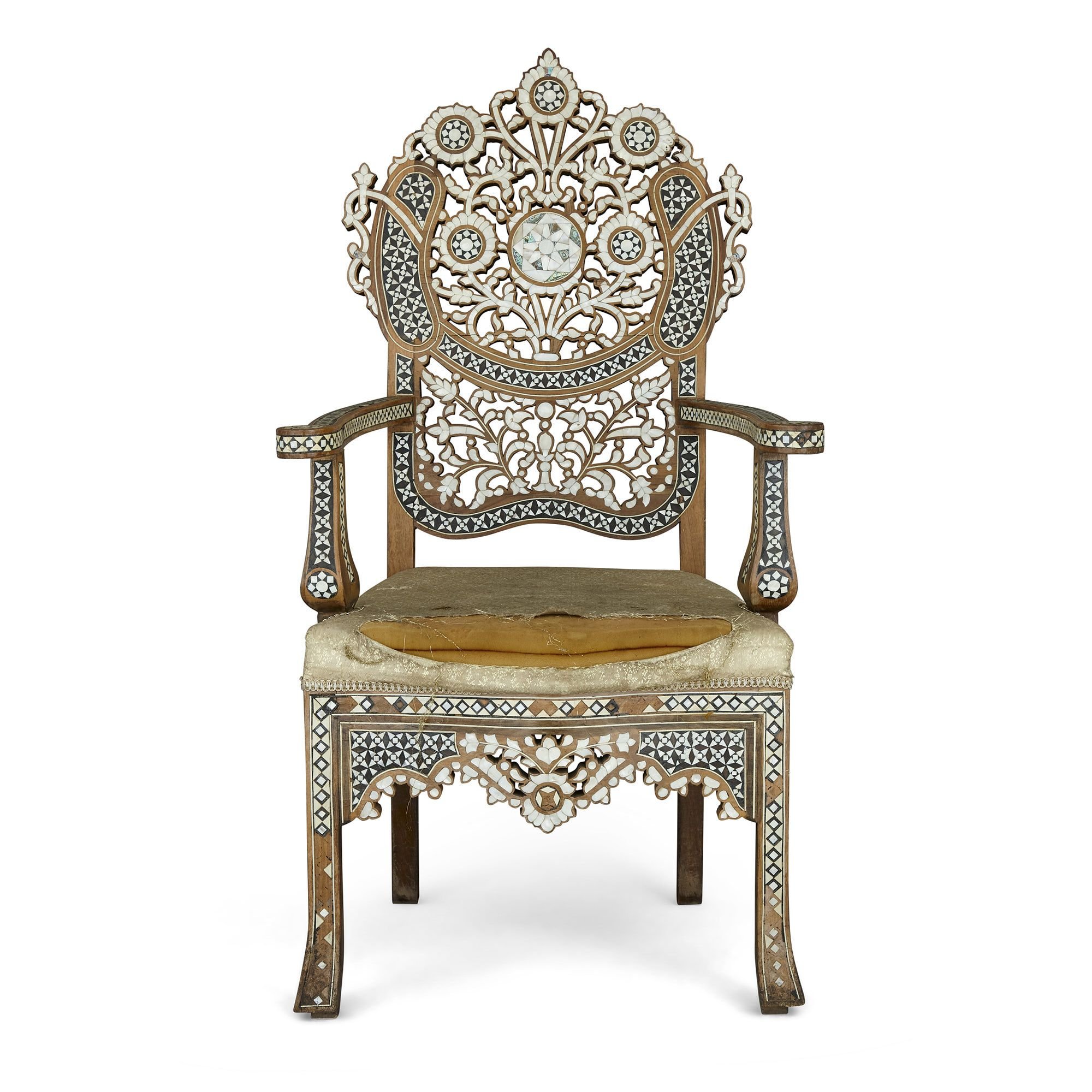 Antique Syrian mother of pearl and abalone inlaid armchair Mayfair Gallery