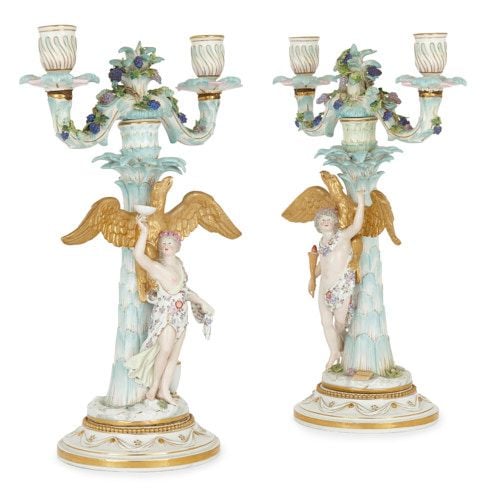 Pair of antique Meissen parcel-gilt porcelain candelabra