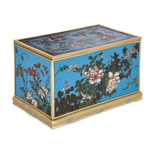 Japanese Meiji era brass and cloisonné enamel casket