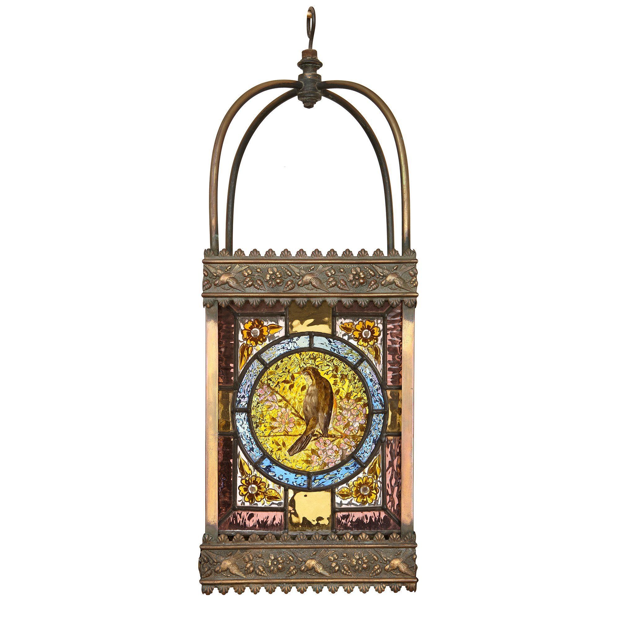 Antique Gilt And Stained Glass Hanging Lantern Mayfair