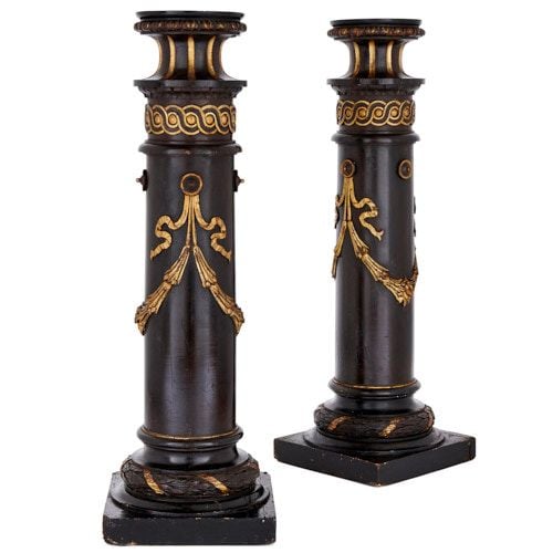 Pair of Victorian parcel gilt ebonised wood pedestals
