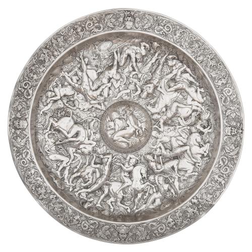 Large silver-plated 'Battle of the Amazons' charger by Elkington & Co.
