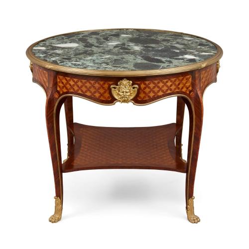 Louis XV style antique ormolu, marble and parquetry centre table 
