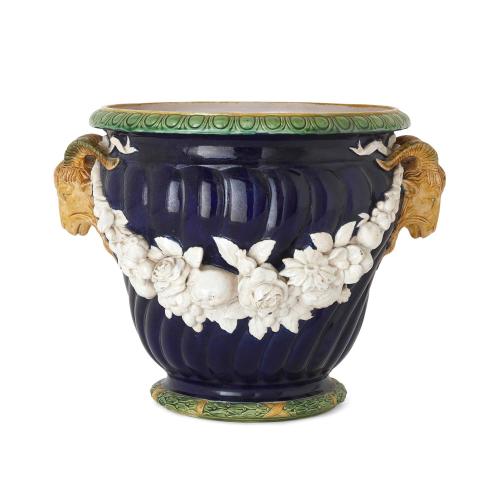 Antique celeste ground majolica jardinière by Minton