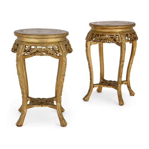 Pair of French giltwood and marble inset stands, 20th century