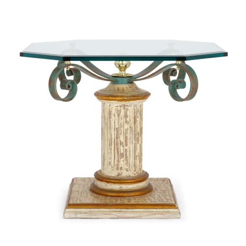 Modern glass, cast iron and painted wood side table
