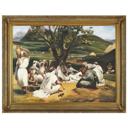 Large Orientalist oil painting of a campside scene