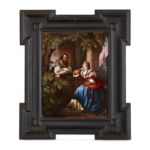 Antique porcelain plaque depicting a romantic scene by Haak