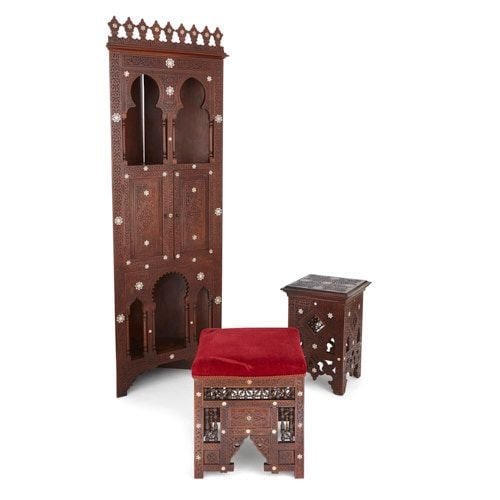 Moorish mother of pearl inlaid hardwood furniture suite