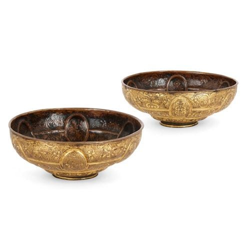 Pair of rare Venetian engraved gilt copper bowls