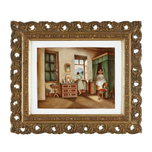 Antique porcelain plaque of an interior scene by KPM