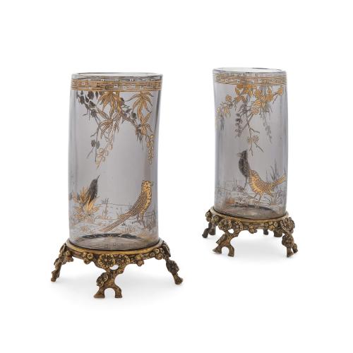 Pair of silvered and ormolu mounted glass vases by Baccarat