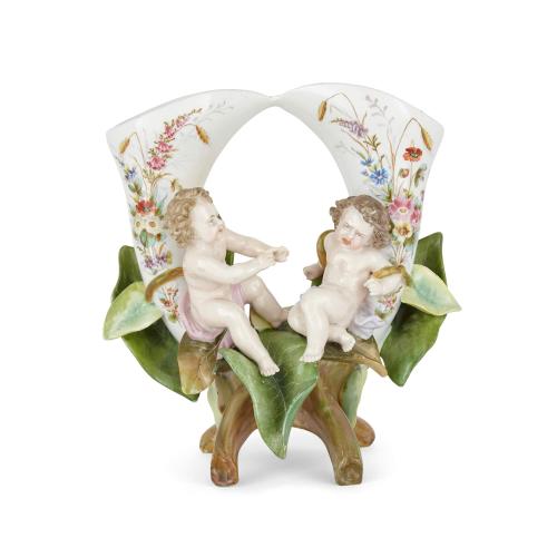 Meissen Floral Double Cornucopia Porcelain Vase with Cherubs