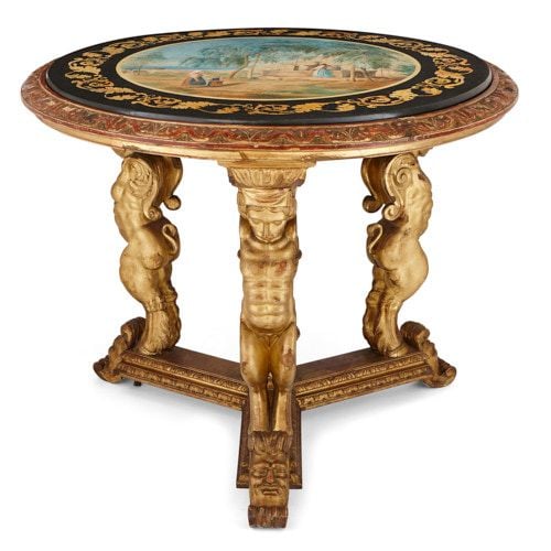 Italian circular carved giltwood table with scagliola top 