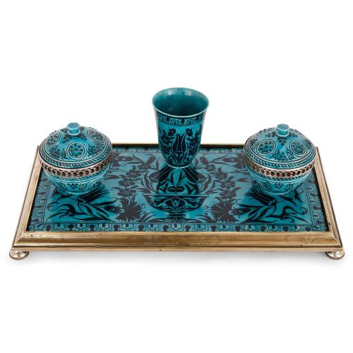 Iznik style ceramic brass mounted ink stand