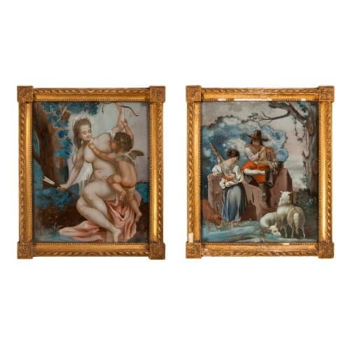 Rare pair of 18th Century reverse glass paintings