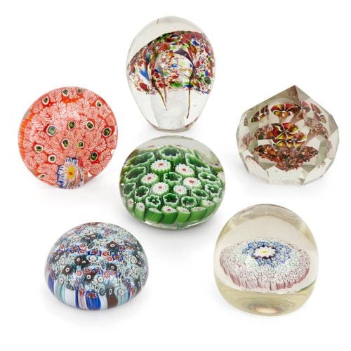 Set of six decorative glass desk paperweights