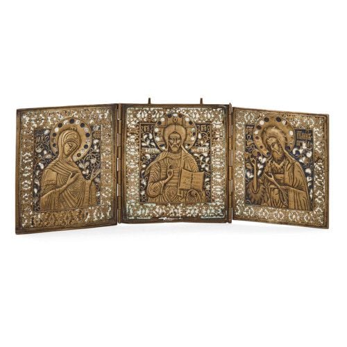 Russian bronze and enamel folding triptych