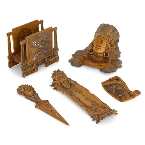 Austrian five-piece painted bronze antique writing desk set