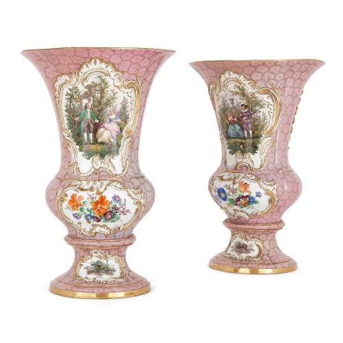 Pair of large antique Meissen porcelain pink-ground vases 