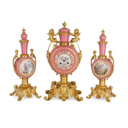 Sèvres style pink porcelain and ormolu three piece clock set