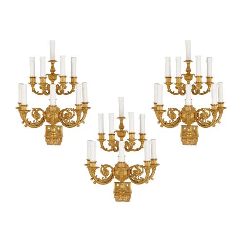 Set of three ormolu ten-branch wall sconces