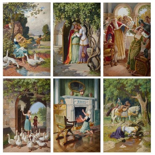 'The Goose Girl', set of six German watercolours by Otto Kubel