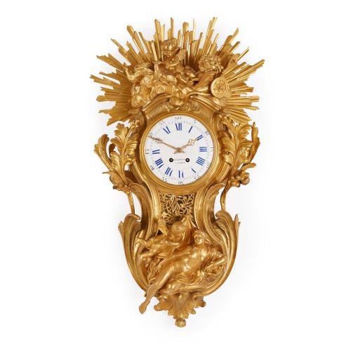 Large gilt bronze antique French cartel clock by Bertoud