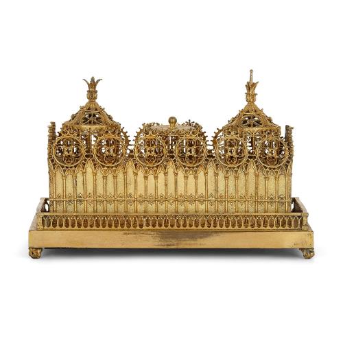 Antique Victorian gilt brass inkstand with Gothic tracery