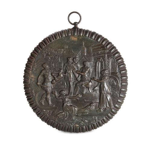 Antique French patinated bronze circular relief plaque 