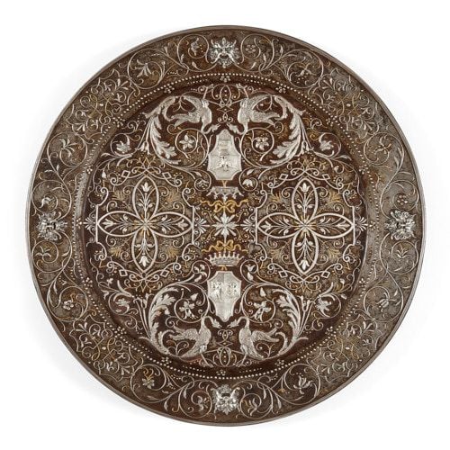 Gold and silver inlaid arabesque damascened plate