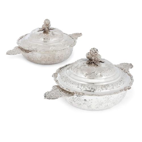 Pair of antique French silver écuelle by Emile Delaire