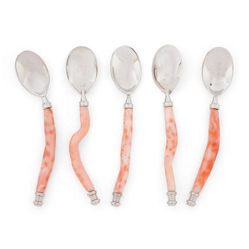 Set of five Chinese silver and coral caviar spoons