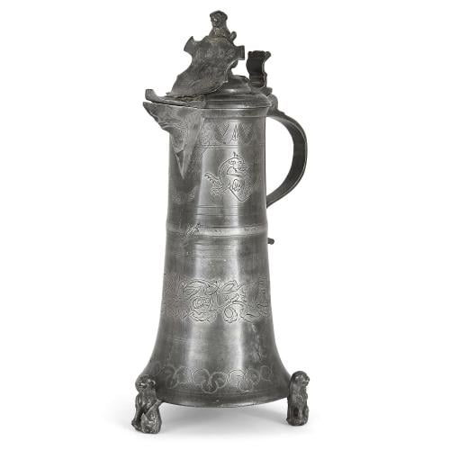 Antique German pewter ewer with engraved decoration