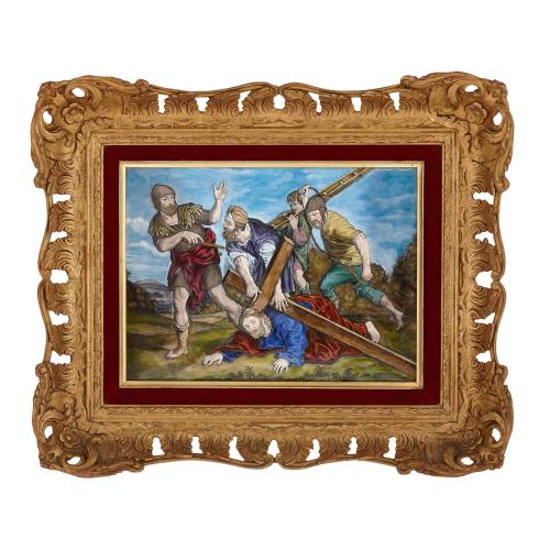 Limoges enamel plaque depicting Christ carrying the cross