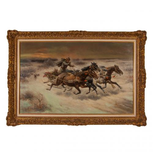 'The Chase', antique oil painting by Baumgartner-Stoiloff